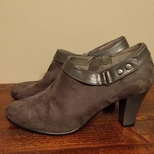 Gray suede bootie,  3 inch heel.